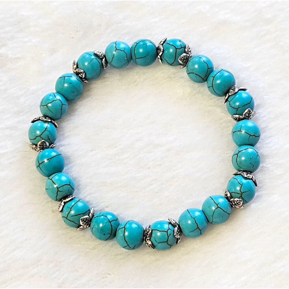 Bohemian Turquoise Howlite Beaded Stretch Bracelet Silver Leaf Flower Spacers 7"